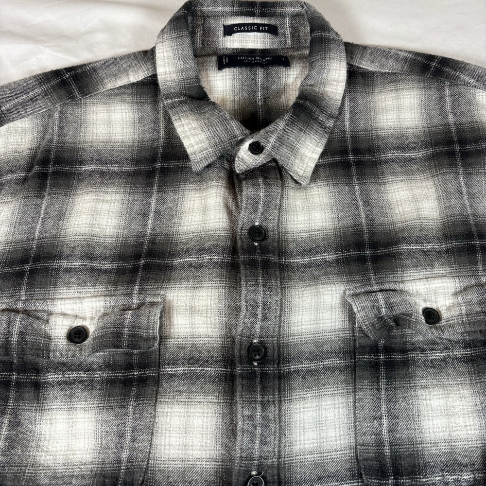 Lucky Brand Flannel Shirt Classic Fit Men's L Gray Plaid Button Up‎ Workwear - Picture 2 of 10